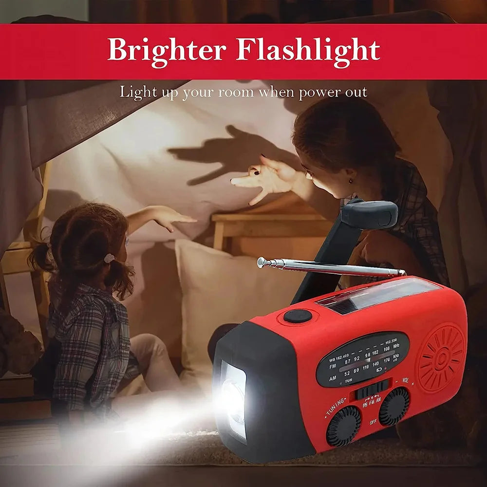 Luz de Camping alimentada por manivela Solar con Radio AM/FM para exteriores, linterna LED de dinamo de mano multifuncional con carga USB de 2000mAh