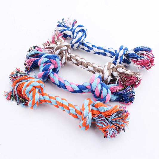 Juguete para perros de Color aleatorio, cuerda para morder, cuerda de algodón con doble nudo, divertido juguete para gatos, resistente a mordeduras y dientes afilados, suministros para mascotas, juguetes para cachorros