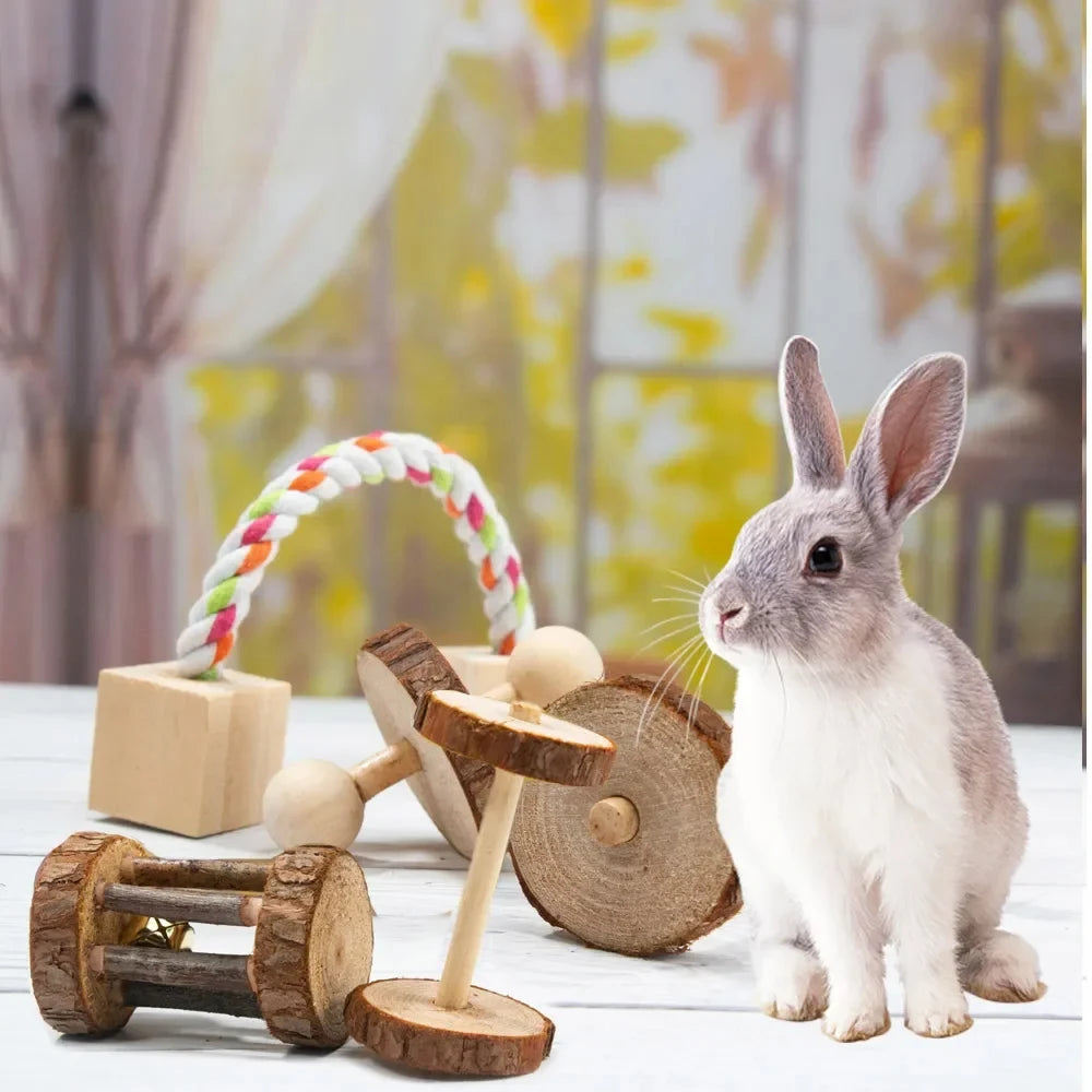 conejillo de indias, conejo, hámster, Animal PEQUEÑO, juguetes con rodillo para mascotas, mancuernas de pino de madera Natural, monociclo, campana para masticar, bola trenzada