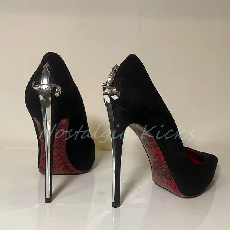 Zapatos de tacón de aguja de gamuza a la moda, zapatos de tacón con diseño de espada, puntiagudos, adornos de Metal, zapatos de noche elegantes, zapatos de vestir para fiesta para mujer
