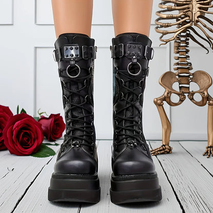 Nuevas botas de plataforma góticas para mujer, cuñas Punk con hebilla de remache a la moda, tacones altos, botas para mujer, zapatos de fiesta Street Cosplay para mujer