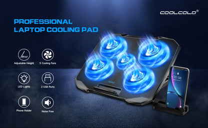 COOLCOOLD Almohadilla de enfriamiento para computadora portátil para soporte enfriador para computadora portátil de 12-17 pulgadas, 5 ventiladores silenciosos, 5 ángulos ajustables con soporte para teléfono