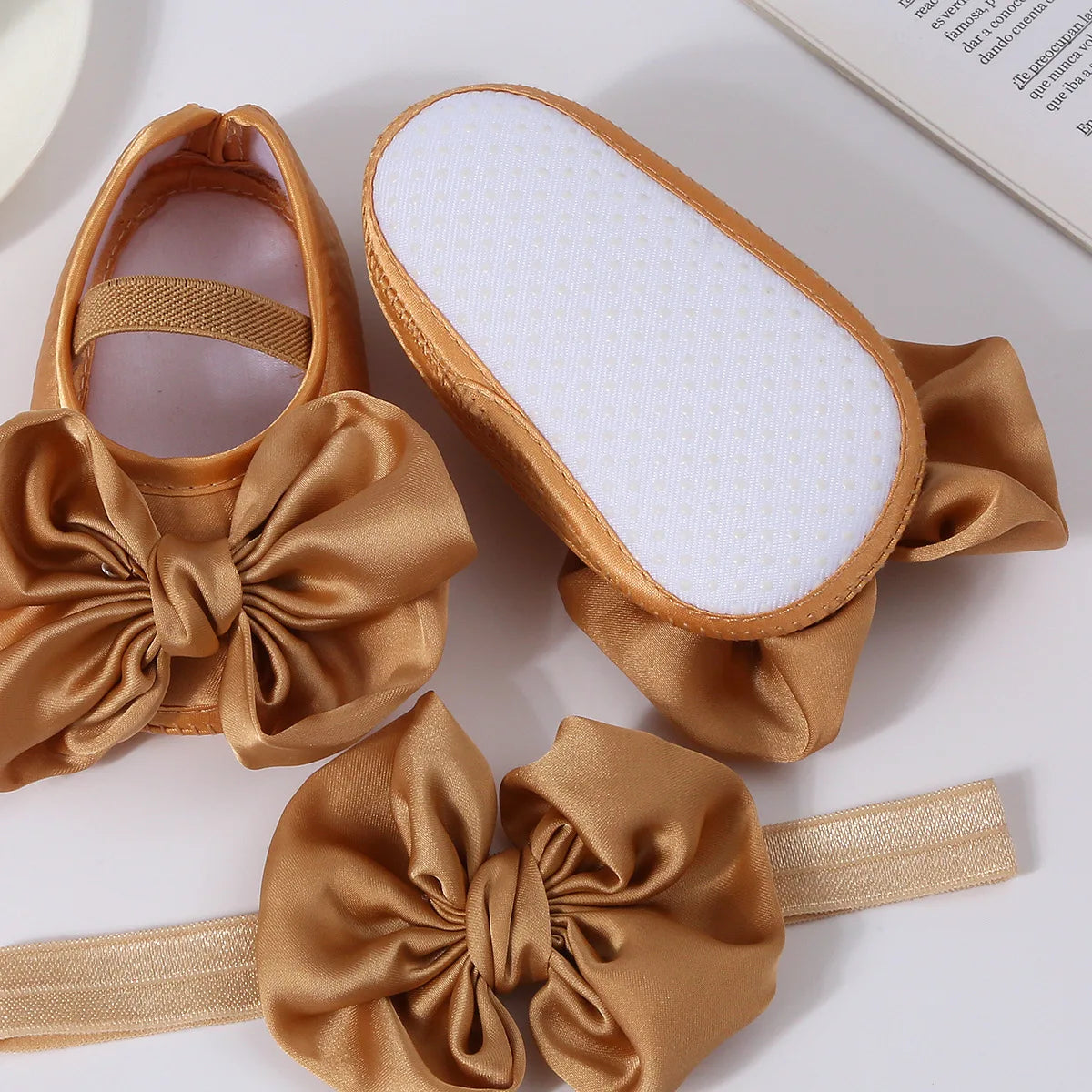1 Juego de zapatos antideslizantes con lazo grande para bebé, diadema para recién nacido, zapatos para antes de caminar, calcetines de suelo sólidos, calcetines para niñas y niños, tocados