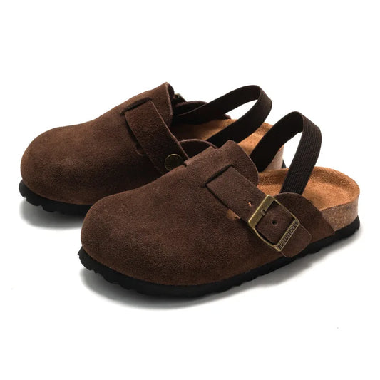 Kidmi moda niños zuecos de gamuza zapatillas zuecos para niños sandalias para niños y niñas mulas con hebilla ajustable de corcho con soporte Zapatillas de casa