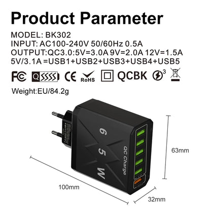 Cargador USB de 6 puertos de carga rápida, adaptador de teléfono móvil para iPhone 14, Samsung, Xiaomi, enchufe de la UE, KR, EE. UU., Reino Unido, 65W, QC3.0