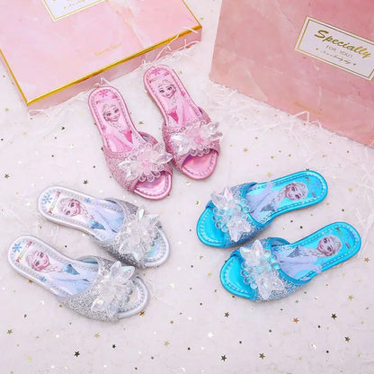 Sandalias Disney para niños, zapatillas de Frozen, zapatos de princesa Elsa a la moda, sandalias antideslizantes con flores de cristal, color azul, rosa y plateado