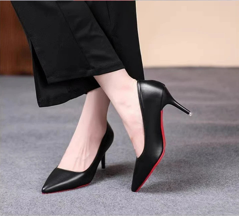 Zapatos de tacón alto sexis con parte inferior roja para mujer, zapatos de tacón clásicos para mujer, zapatos de tacón de vestir de cuero para otoño, tacones altos para banquete y boda