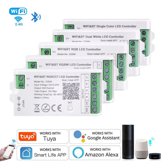 Tuya WiFi LED controlador Alexa Google Home Control de voz RGB RGBW CCT tira de LED controlador inteligente aplicación BT RF remoto 2,4G DC12V-24V
