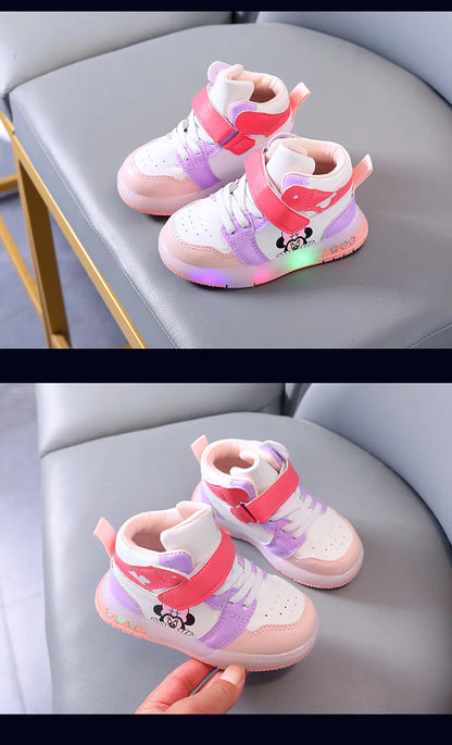 Zapatos Causla de Disney para niñas, zapatillas deportivas informales de cuero PU con LED luminiscentes de Mickey Mouse para niños de 1 a 6 años