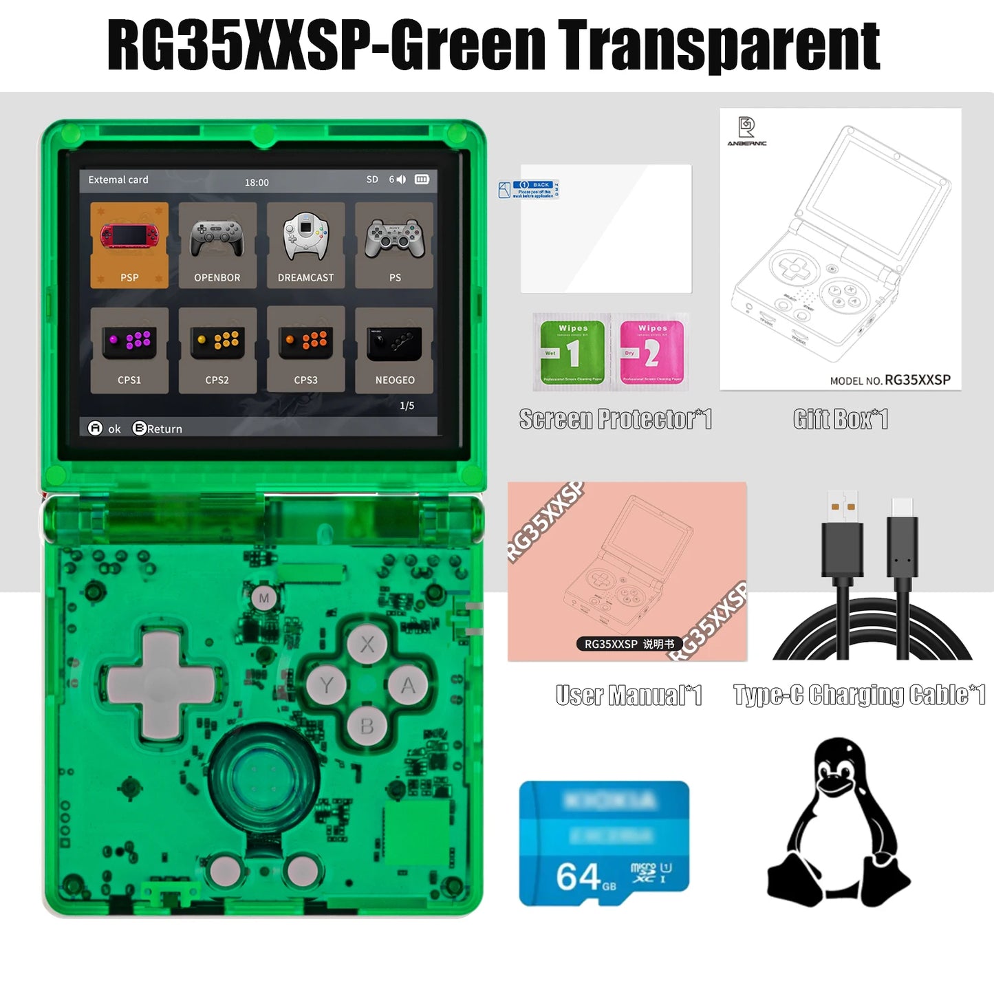 ANBERNIC nueva consola de juegos portátil RG35XXSP con tapa consola de videojuegos IPS de 3,5 pulgadas sistema Linux de 64 bits 64G reproducción en línea