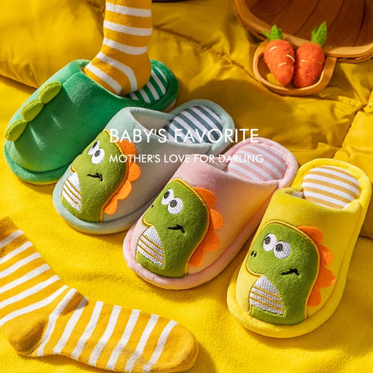Zapatilla de piel de dinosaurio de dibujos animados para niños, zapatos suaves de otoño e invierno cálidos de princesa para bebés y niñas, zapatos de piel de lana de algodón para interiores y dormitorios