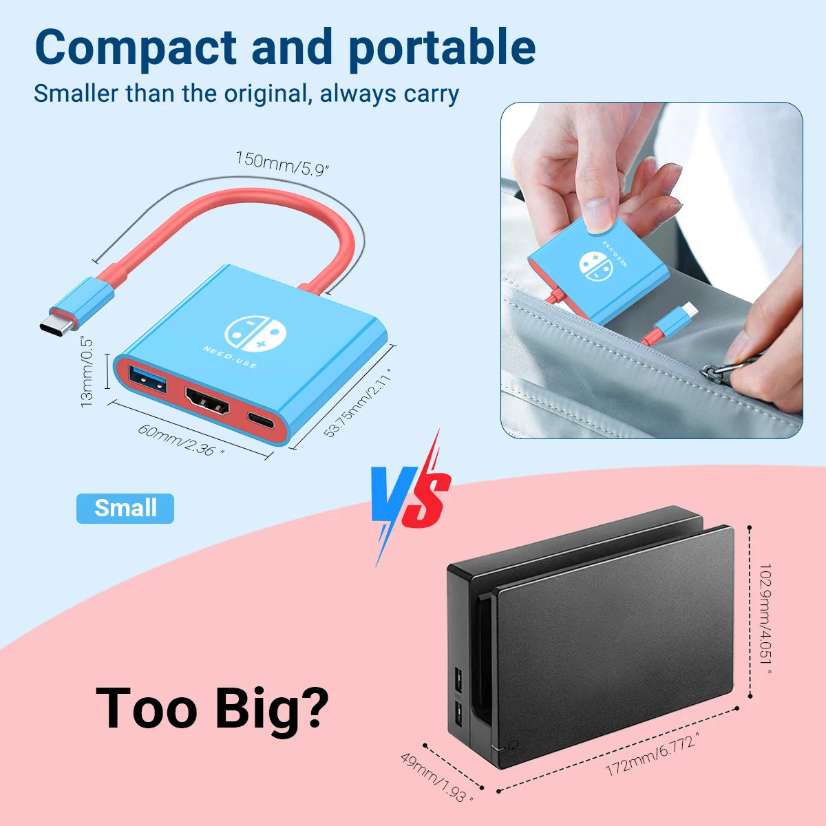 Estación de acoplamiento para juegos portátil Hub TYPE-C con HDMI y USB 3.0 Perfecto para viajes y juegos