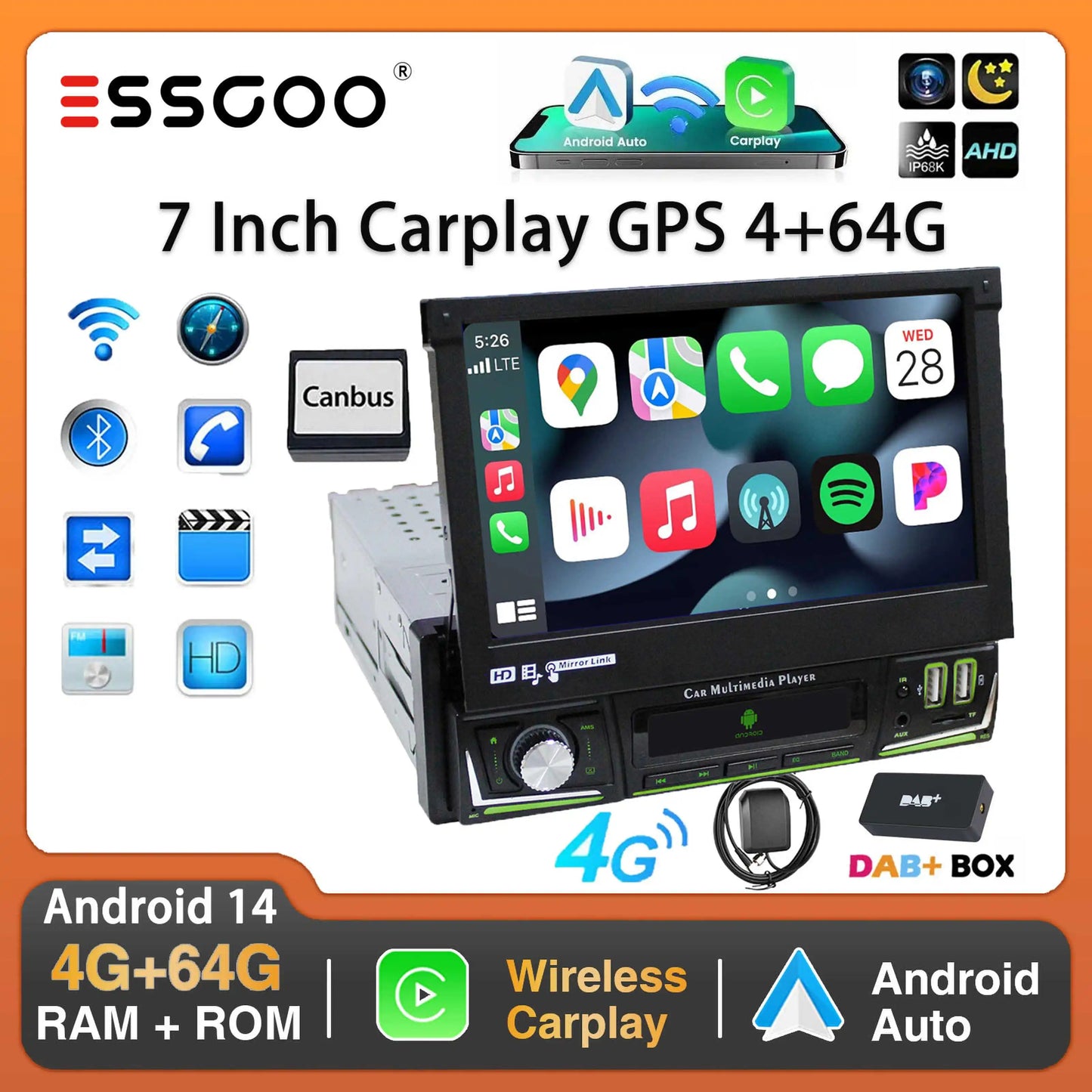 Radio de coche ESSGOO 7 pulgadas 1 DIN Flip-Out, 4+64 GB, Carplay inalámbrico, Android Auto, Bluetooth, pantalla táctil, Android 14, reproductor MP5, unidad principal, SWC, GPS, cámara.