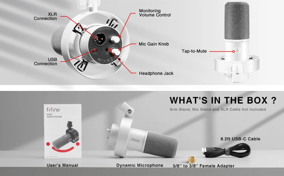 FIFINE-micrófono dinámico XLR de grabación, dispositivo con monitoreo en tiempo Real, transmisión USB, con perilla de ganancia/silencio táctil, para PC y Mixer-K688