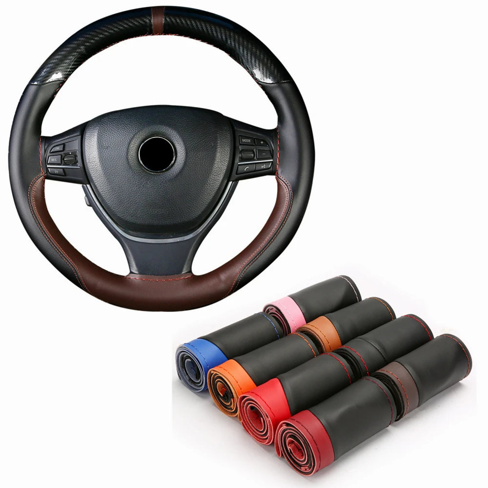 Protector de fibra de carbono para volante de coche, cubierta Universal para coser a mano, Protector de cuero de punto DIY, cubierta trenzada para volante de 38 cm