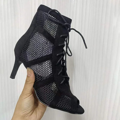 Zapatos negros sexis con cordones cruzados para mujer, cómodos tacones finos de alta calidad, sandalias de baile con punta abierta, zapatos de tacón calados con correa en el tobillo