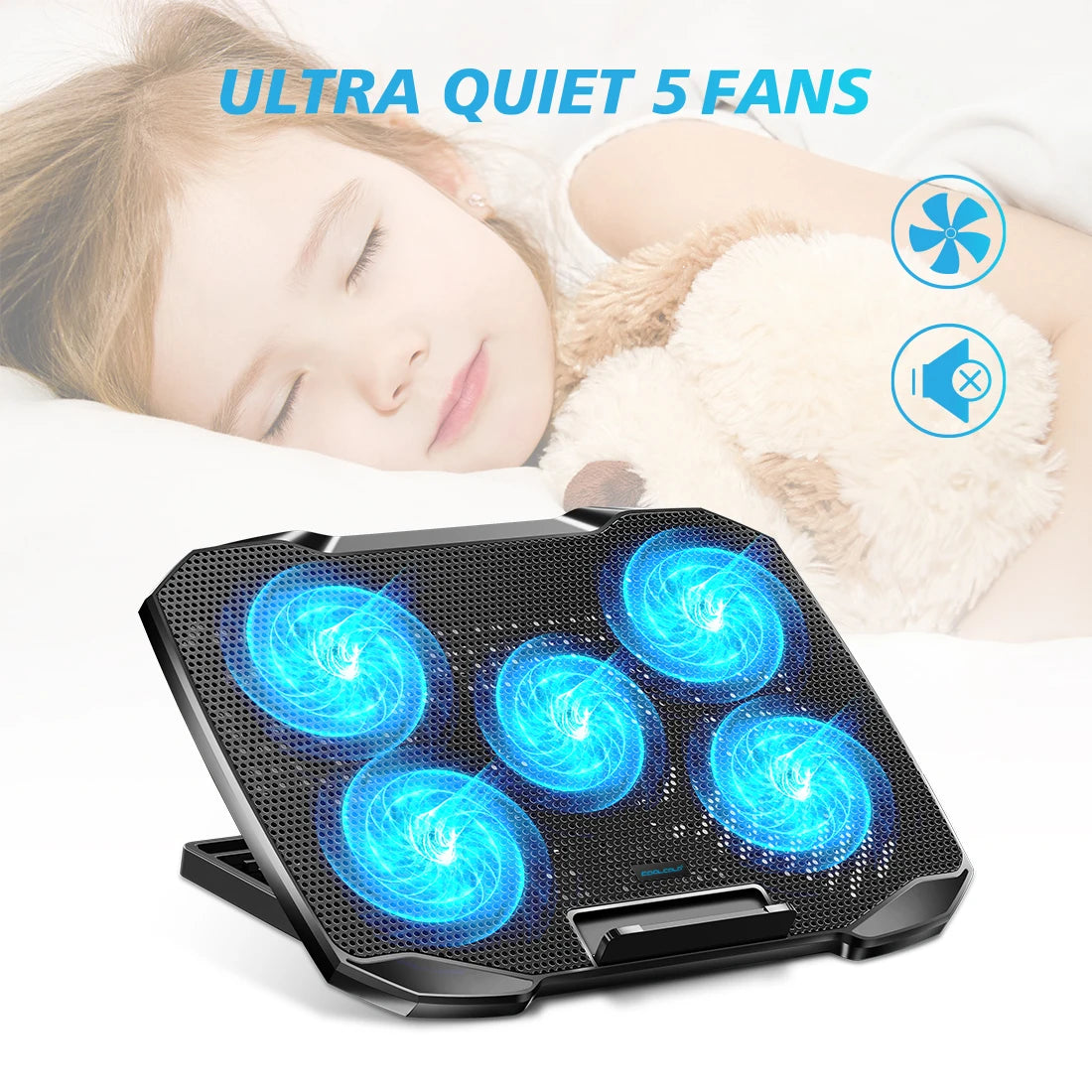 COOLCOOLD Almohadilla de enfriamiento para computadora portátil para soporte enfriador para computadora portátil de 12-17 pulgadas, 5 ventiladores silenciosos, 5 ángulos ajustables con soporte para teléfono