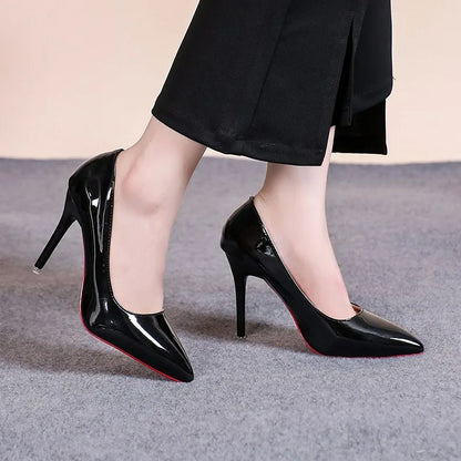 Zapatos de tacón alto sexis con parte inferior roja para mujer, zapatos de tacón clásicos para mujer, zapatos de tacón de vestir de cuero para otoño, tacones altos para banquete y boda