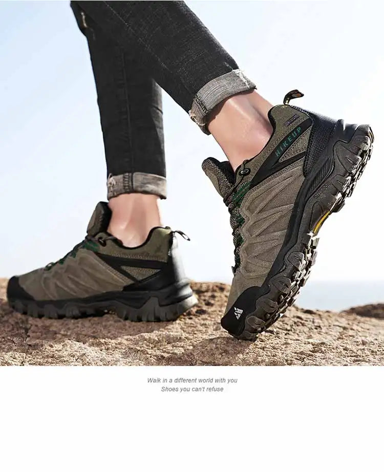 HIKEUP, zapatos de senderismo de cuero de alta calidad, duraderos, para deportes al aire libre, zapatos de cuero para senderismo para hombres, zapatillas de deporte con cordones para escalar y cazar