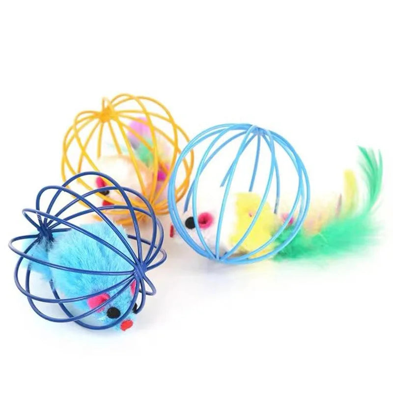 Ratón colorido popular en jaula, juguete para gatos dentro de arena, juguete interactivo para gatos