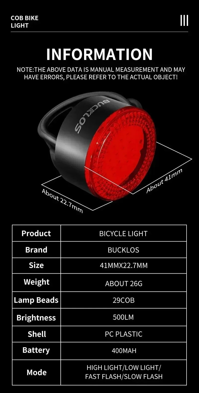BUCKLOS luz trasera de bicicleta luz delantera 1100mAh LED COB lámpara de bicicleta impermeable USB recargable Mtb luces traseras de bicicleta de carretera piezas de bicicleta