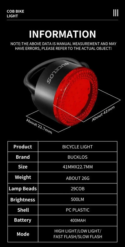 BUCKLOS luz trasera de bicicleta luz delantera 1100mAh LED COB lámpara de bicicleta impermeable USB recargable Mtb luces traseras de bicicleta de carretera piezas de bicicleta