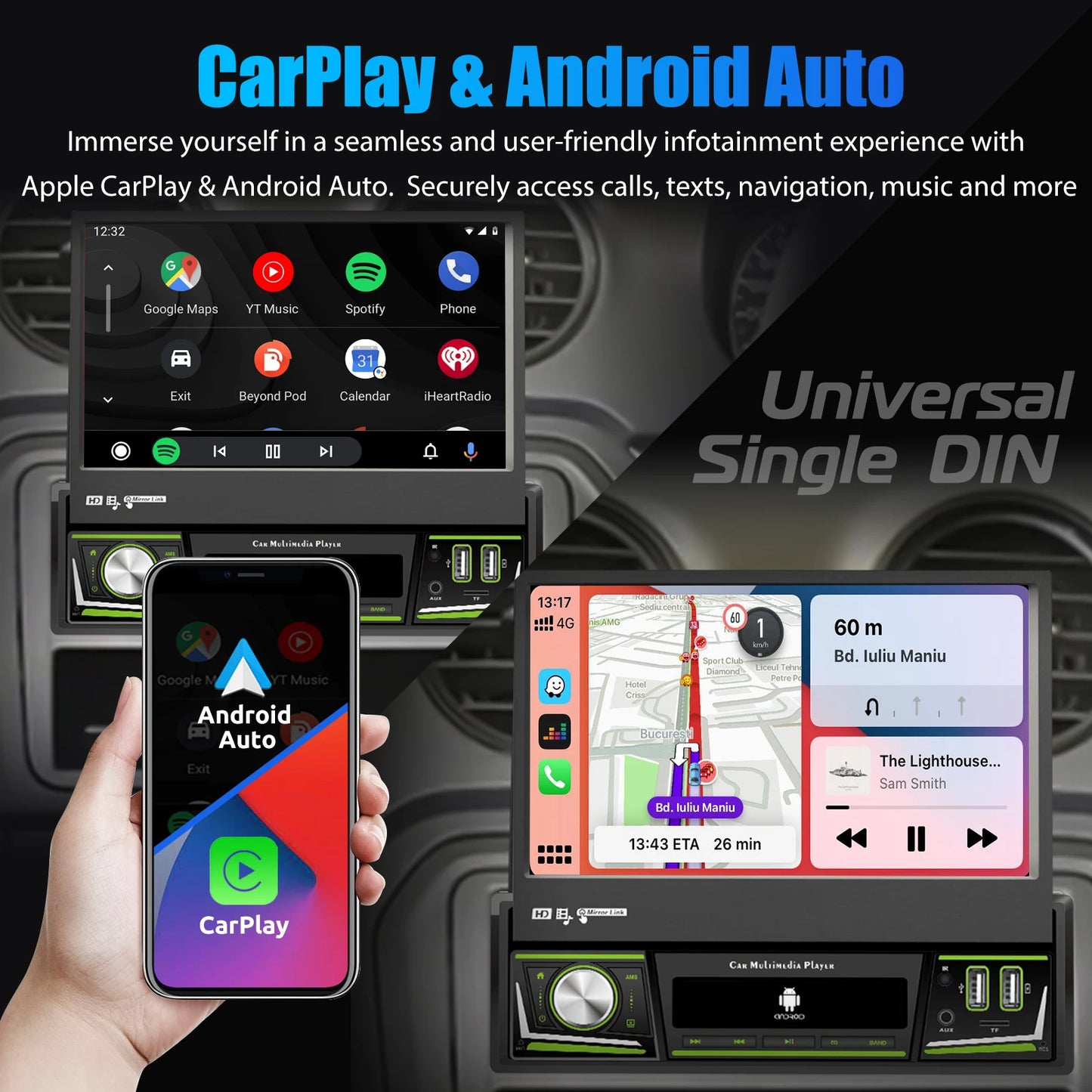 Radio de coche ESSGOO 7 pulgadas 1 DIN Flip-Out, 4+64 GB, Carplay inalámbrico, Android Auto, Bluetooth, pantalla táctil, Android 14, reproductor MP5, unidad principal, SWC, GPS, cámara.