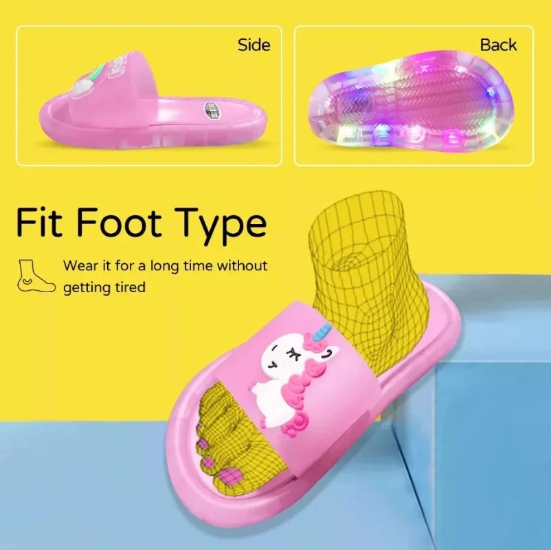 Zapatillas para niños y niñas, zapatos con estampado de animales de unicornio de dibujos animados, zapatos bonitos de moda iluminados, zapatillas de baño para niños pequeños