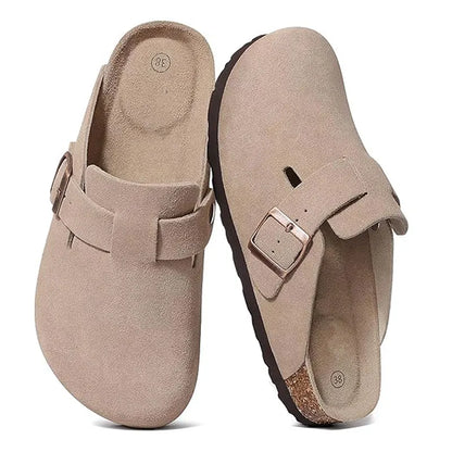 Crestar, zuecos de moda, zapatillas para mujer, gamuza clásica, mulas para hombre, plantilla de corcho, zapatos de patata de cuero con soporte para arco, tobogán de playa
