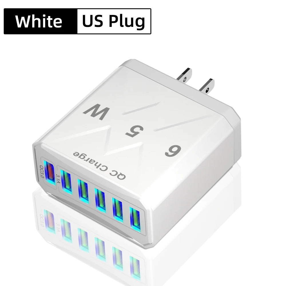 Cargador USB de 6 puertos de carga rápida, adaptador de teléfono móvil para iPhone 14, Samsung, Xiaomi, enchufe de la UE, KR, EE. UU., Reino Unido, 65W, QC3.0