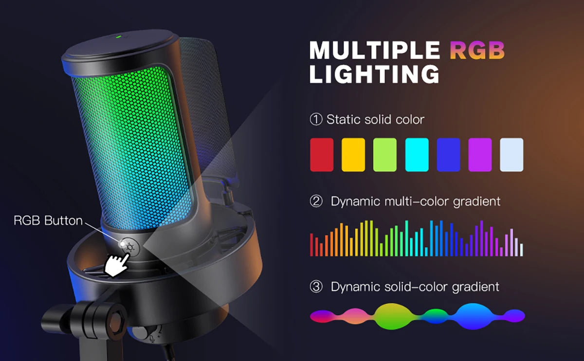 Micrófono USB FIFINE para grabar y transmitir en PC y Mac, salida de auriculares y botón de silencio táctil, micrófono con 3 modos RGB -A8