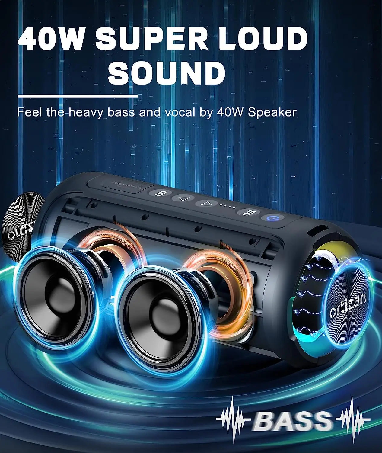 Altavoces Bluetooth Ortizan 40W altavoz inalámbrico portátil para exteriores con graves mejorados 30 horas IP7 altavoz de ducha impermeable Bluetooth 5,3