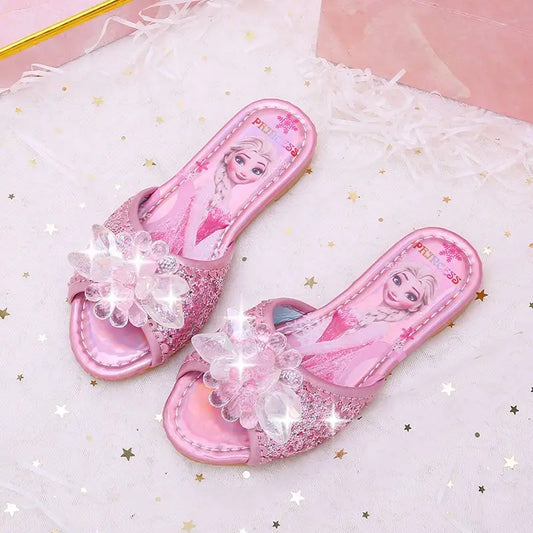 Sandalias Disney para niños, zapatillas de Frozen, zapatos de princesa Elsa a la moda, sandalias antideslizantes con flores de cristal, color azul, rosa y plateado