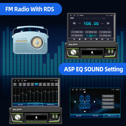 Radio de coche ESSGOO 7 pulgadas 1 DIN Flip-Out, 4+64 GB, Carplay inalámbrico, Android Auto, Bluetooth, pantalla táctil, Android 14, reproductor MP5, unidad principal, SWC, GPS, cámara.