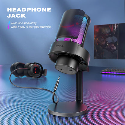 Micrófono USB FIFINE para grabar y transmitir en PC y Mac, salida de auriculares y botón de silencio táctil, micrófono con 3 modos RGB -A8