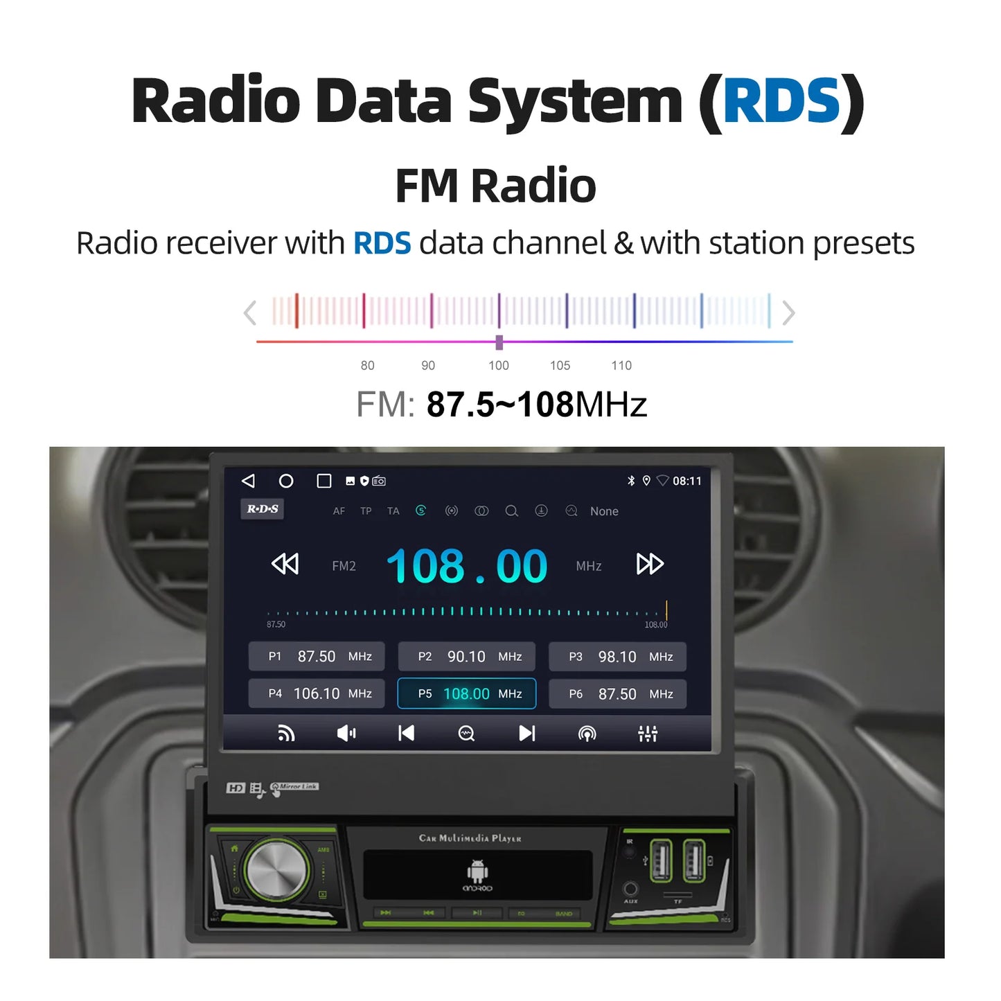 Radio de coche ESSGOO 7 pulgadas 1 DIN Flip-Out, 4+64 GB, Carplay inalámbrico, Android Auto, Bluetooth, pantalla táctil, Android 14, reproductor MP5, unidad principal, SWC, GPS, cámara.