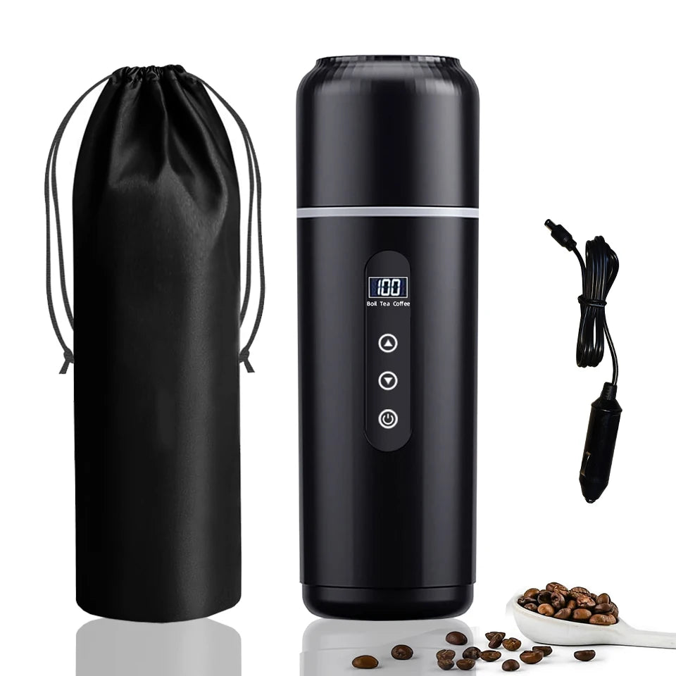 Hervidor eléctrico de viaje para coche, 12V/24V, portátil, taza de agua caliente, pantalla de visualización, calor de acero inoxidable 316 para preparar café y té