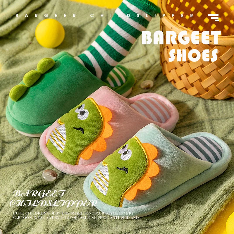 Zapatilla de piel de dinosaurio de dibujos animados para niños, zapatos suaves de otoño e invierno cálidos de princesa para bebés y niñas, zapatos de piel de lana de algodón para interiores y dormitorios