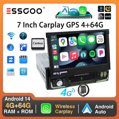Radio de coche ESSGOO 7 pulgadas 1 DIN Flip-Out, 4+64 GB, Carplay inalámbrico, Android Auto, Bluetooth, pantalla táctil, Android 14, reproductor MP5, unidad principal, SWC, GPS, cámara.
