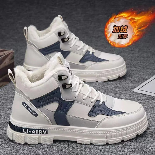 2024 nuevo modelo de zapatos de invierno para hombres, además de zapatillas de deporte gruesas y cálidas de terciopelo para nieve fría, zapatos deportivos informales blancos que combinan con todo para hombres