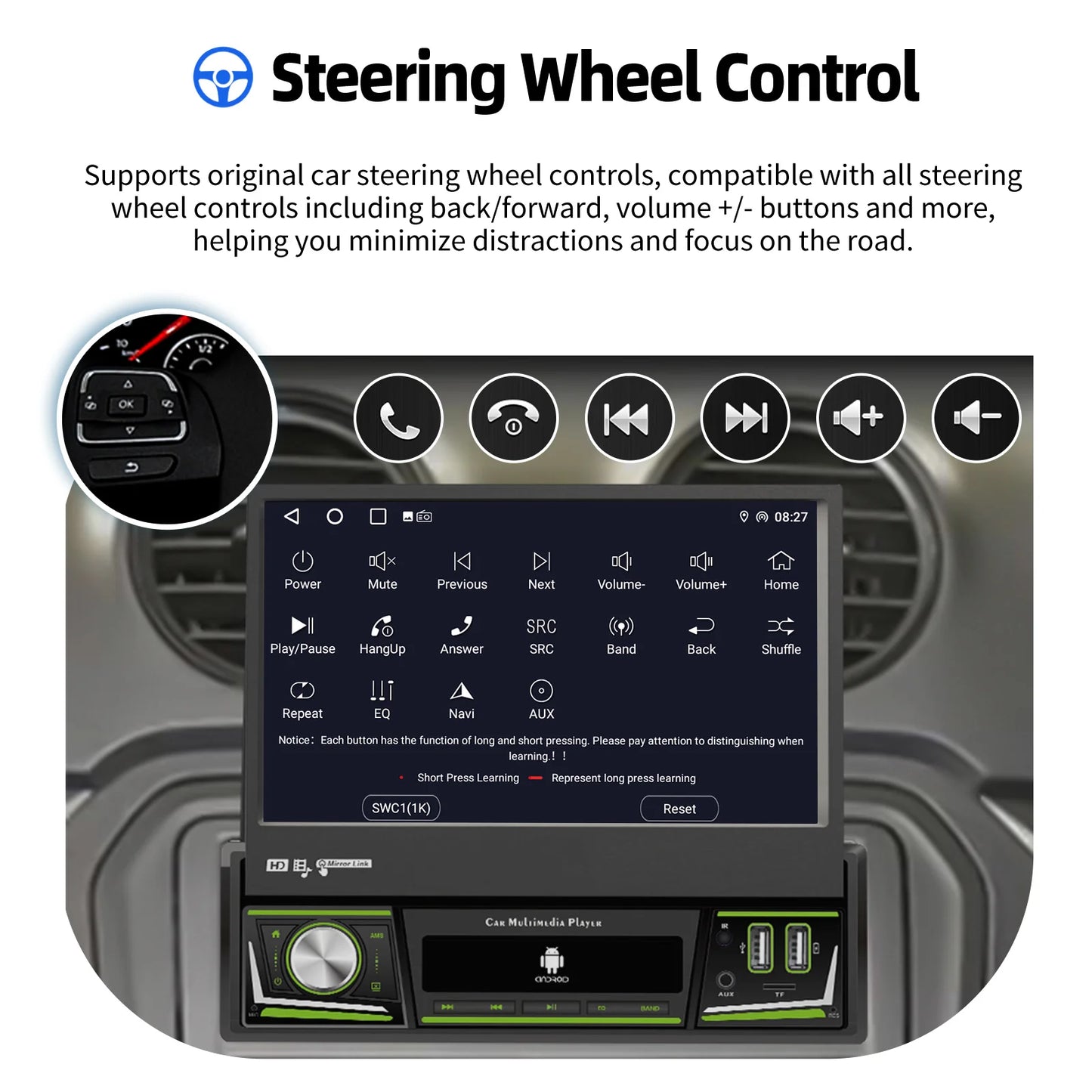 Radio de coche ESSGOO 7 pulgadas 1 DIN Flip-Out, 4+64 GB, Carplay inalámbrico, Android Auto, Bluetooth, pantalla táctil, Android 14, reproductor MP5, unidad principal, SWC, GPS, cámara.