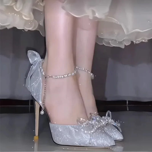 Zapatos de boda para mujer, sandalias de satén con lazo de cristal, zapatos transparentes de tacón alto para fiesta y graduación, 2023