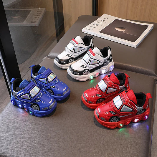 Diseny, zapatos informales para niños, zapatos de primavera de cuero PU con dibujos animados para Club de coches con luz Led para niños, zapatos antideslizantes rojos y azules, talla 21-30