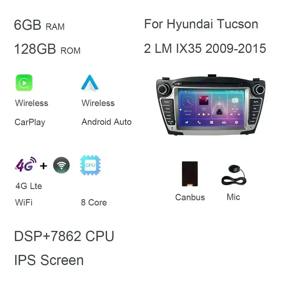 7 "Carplay DSP IPS Android 13,0 8GB + 128GB 8 núcleos reproductor Multimedia GPS Radio Wifi para Hyundai Tucson 2 LM IX35 2009-2015