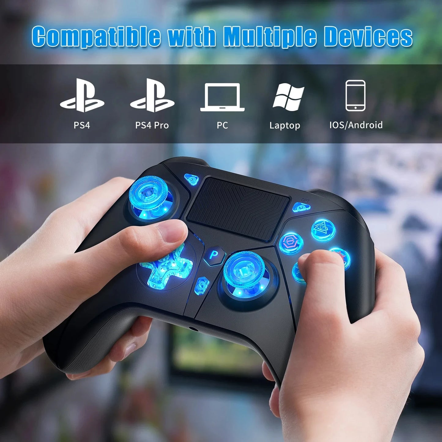 Controlador inalámbrico para consolas PS4, Compatible con Ps4 /Slim/Pro/ PC,gamepads, Compatible con función Turbo con luz de botón RGB