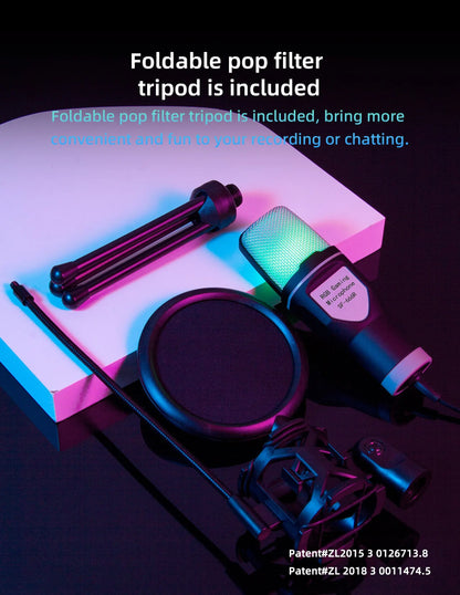 Micrófono USB portátil, micrófono RGB, condensador, micrófono para juegos con cable para estudio de grabación de Podcast, Streaming, portátil y de escritorio