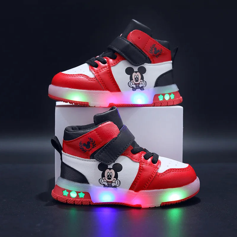 Zapatos Causla de Disney para niñas, zapatillas deportivas informales de cuero PU con LED luminiscentes de Mickey Mouse para niños de 1 a 6 años
