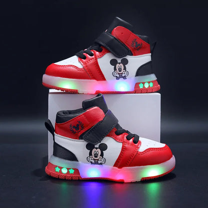 Zapatos Causla de Disney para niñas, zapatillas deportivas informales de cuero PU con LED luminiscentes de Mickey Mouse para niños de 1 a 6 años