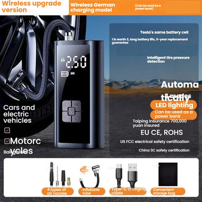 Compresor de aire montado en el coche, inflador de neumáticos de coche con pantalla digital, bomba de neumáticos portátil de 12V, reparación inteligente de neumáticos y inflado