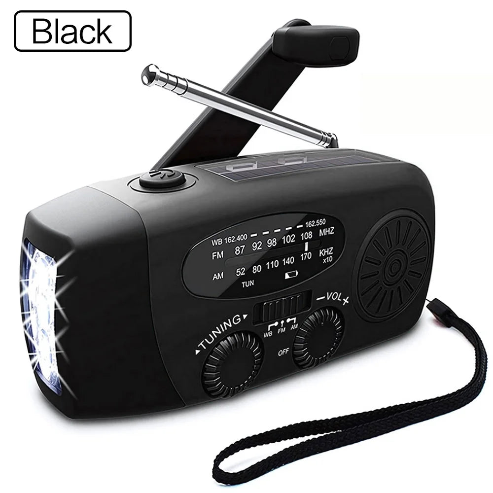 Luz de Camping alimentada por manivela Solar con Radio AM/FM para exteriores, linterna LED de dinamo de mano multifuncional con carga USB de 2000mAh